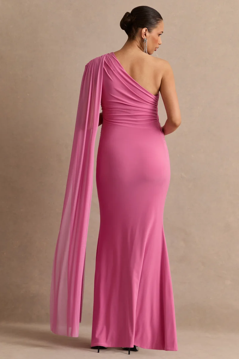 Aylena | Vestido Largo Premamá Rosa Con Escote Asimétrico Y Detalle De Sash - Imagen 3