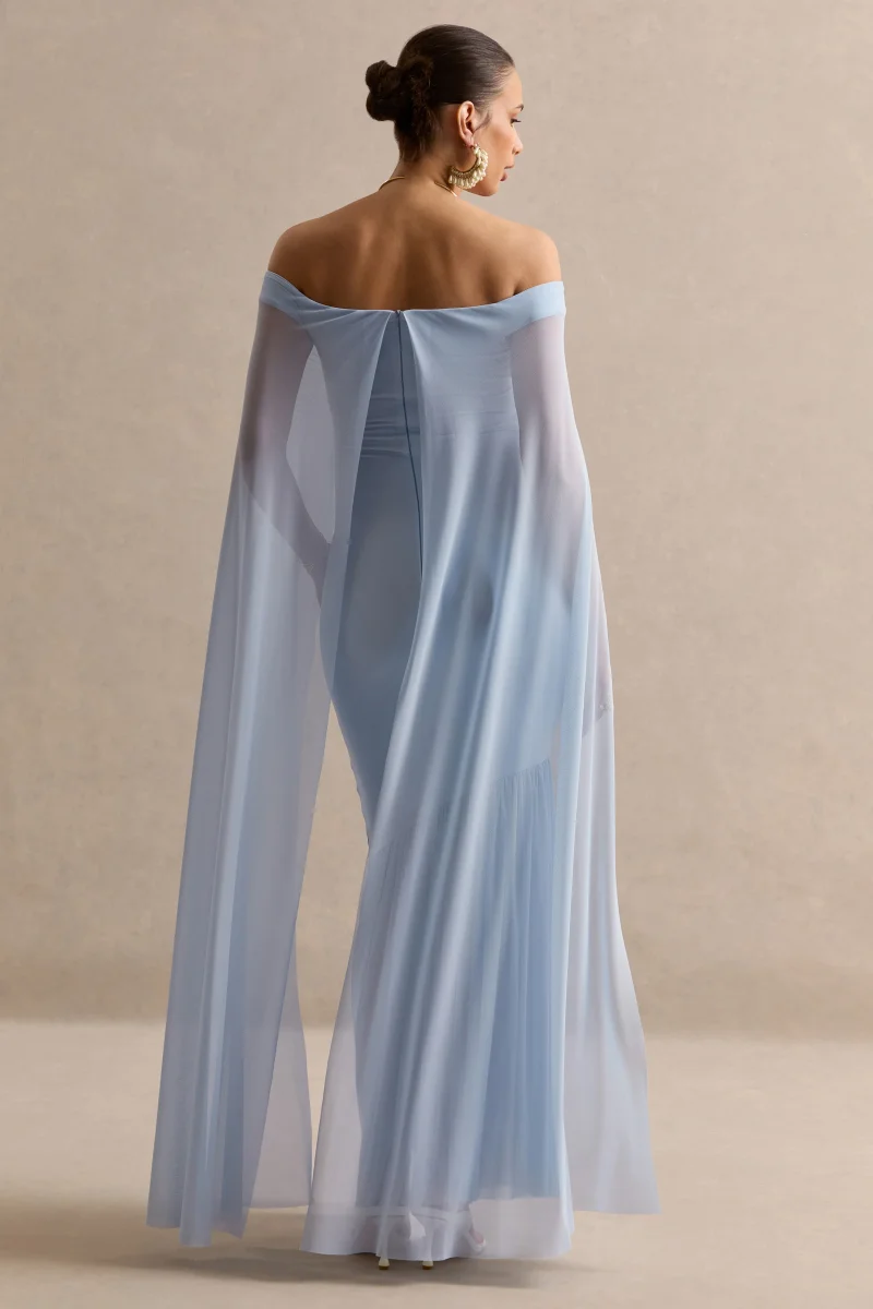 Bluma | Vestido Largo Premamá Azul Pastel Con Escote Bardot, Falda Semitransparente Y Detalle Capa - Imagen 3