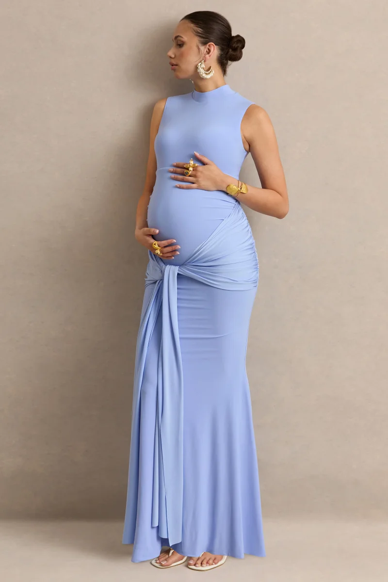 Ralina | Vestido Largo Premamá Azul Con Cuello Alto Y Fajín Anudado De Satén - Imagen 4