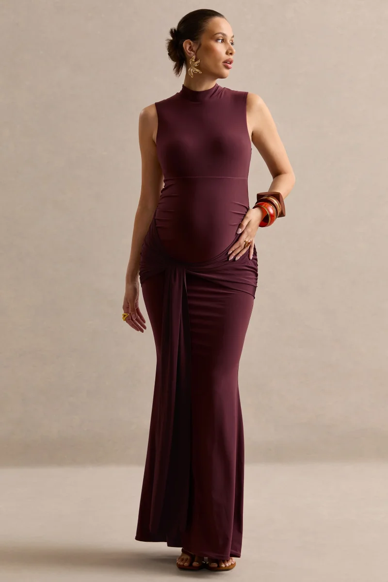 Ralina | Vestido maxi premamá en marrón oscuro con cuello alto y fajín anudado de satén - Imagen 4