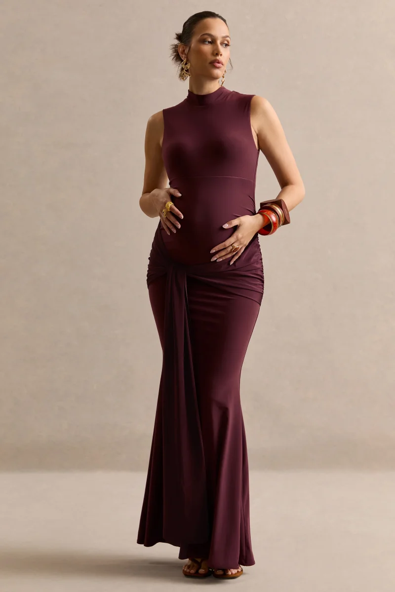 Ralina | Vestido maxi premamá en marrón oscuro con cuello alto y fajín anudado de satén - Imagen 6