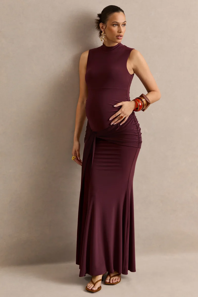 Ralina | Vestido maxi premamá en marrón oscuro con cuello alto y fajín anudado de satén - Imagen 7