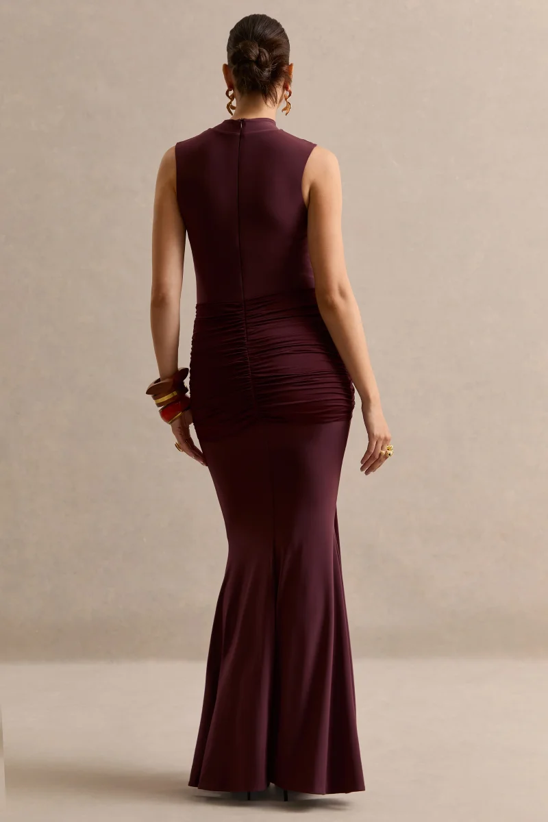 Ralina | Vestido maxi premamá en marrón oscuro con cuello alto y fajín anudado de satén - Imagen 3