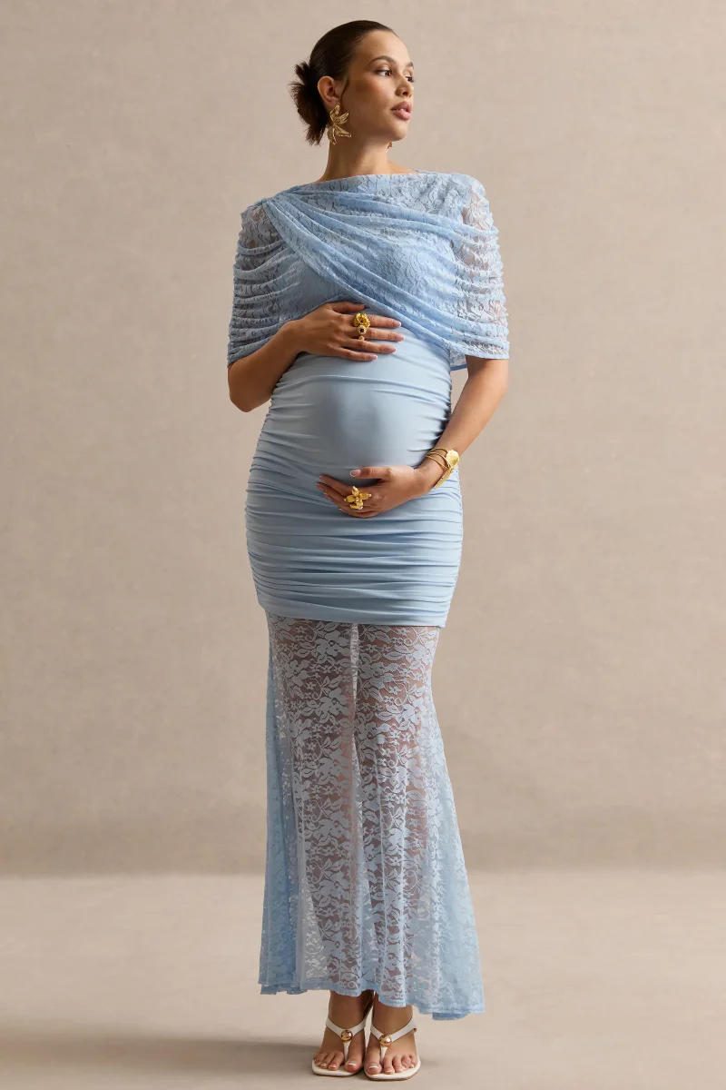 Bronta | Vestido Premamá Largo Azul Claro De Encaje Con Cuello Alto, Capa Corta Y Falda Transparente