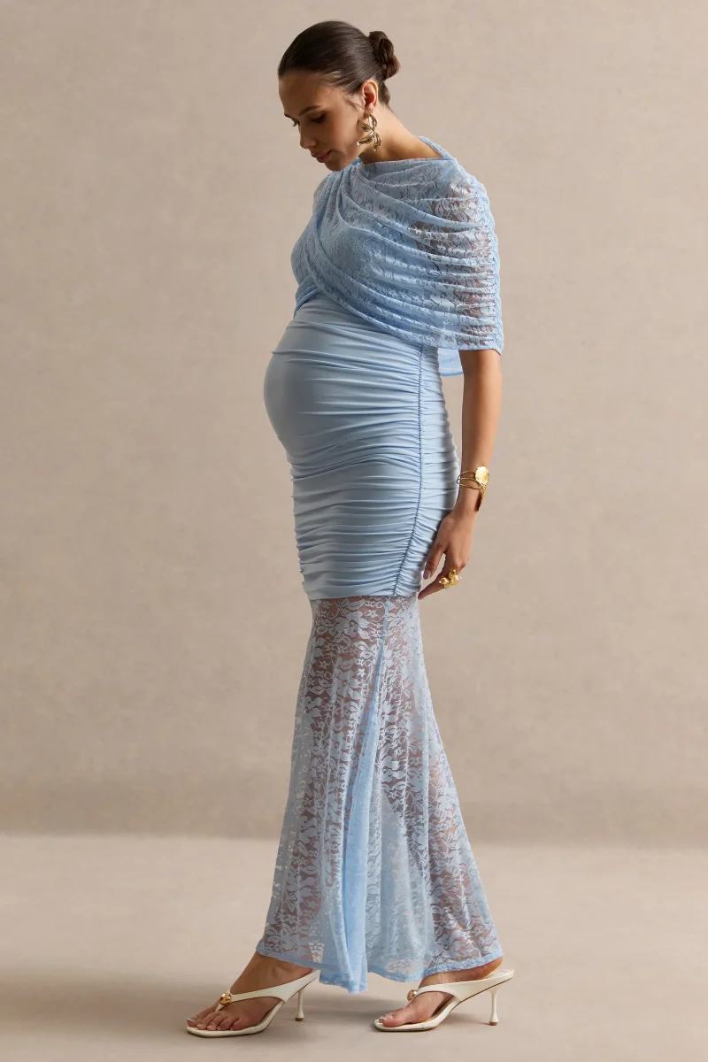 Bronta | Vestido Premamá Largo Azul Claro De Encaje Con Cuello Alto, Capa Corta Y Falda Transparente - Imagen 7