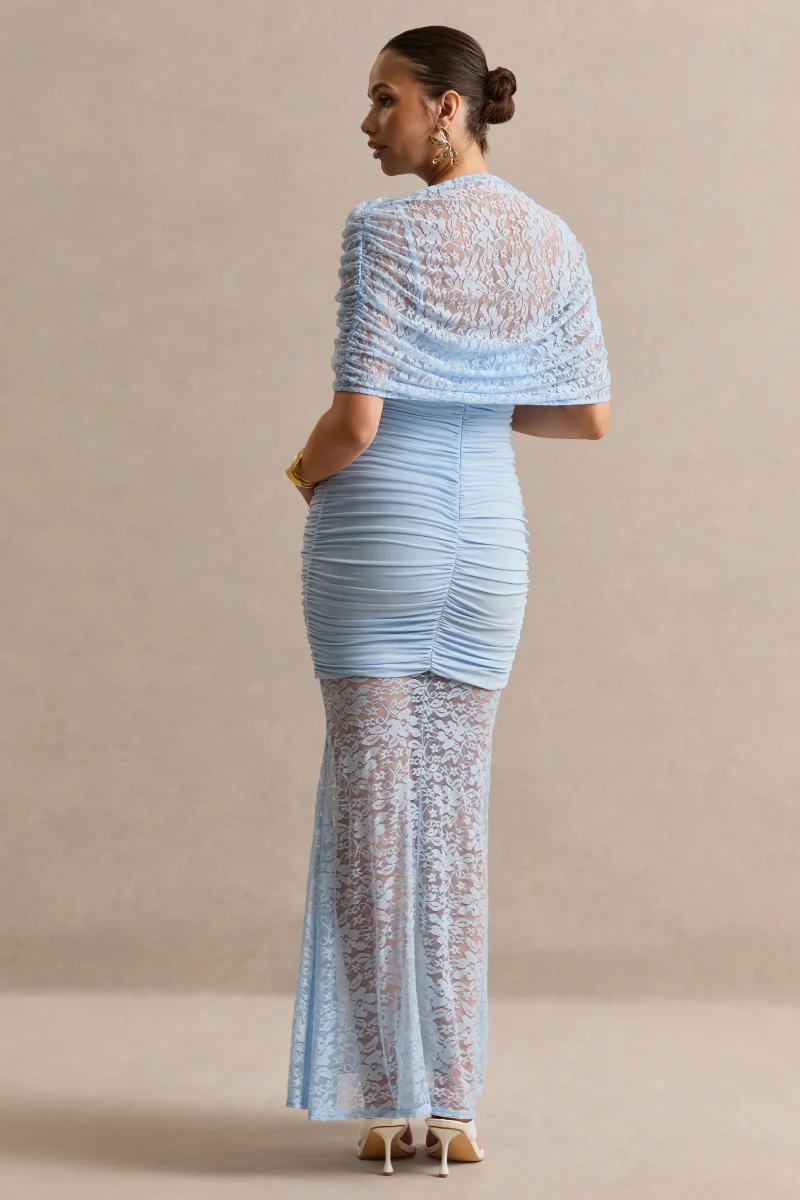 Bronta | Vestido Premamá Largo Azul Claro De Encaje Con Cuello Alto, Capa Corta Y Falda Transparente - Imagen 3