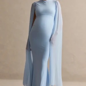 Calitheia | Vestido Largo Premamá Azul Claro Con Cuello Redondo Y Mangas Largas De Tul Suelto