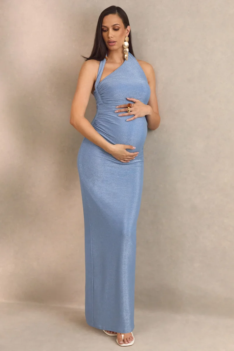 Sarielle | Vestido Largo Premamá Azul Claro Con Escote Asimétrico Y Espalda Abierta - Imagen 9
