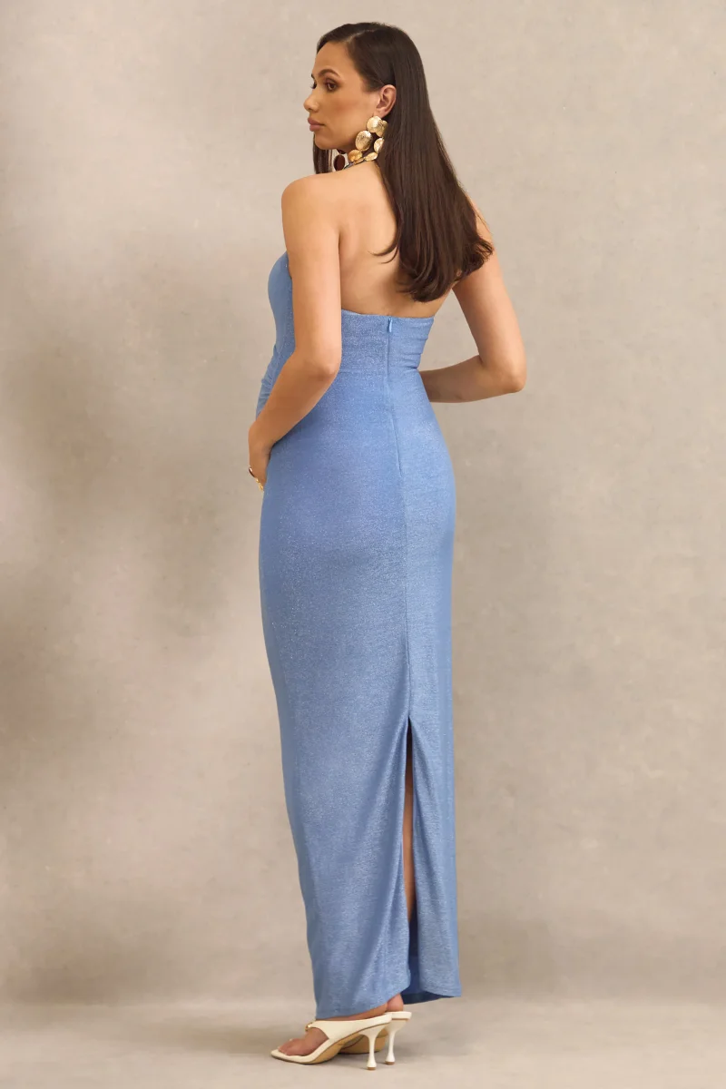 Sarielle | Vestido Largo Premamá Azul Claro Con Escote Asimétrico Y Espalda Abierta - Imagen 3