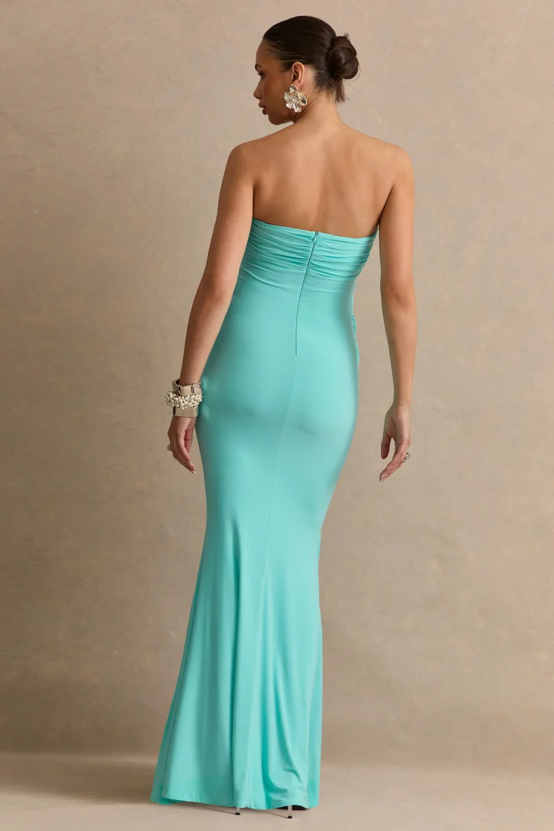Casilda | Vestido Largo De Maternidad Azul Turquesa Con Escote Bandeau Y Detalle Drapeado - Imagen 3