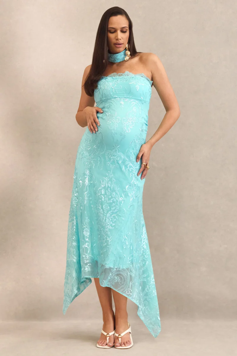 Sabriel | Vestido premamá largo de encaje turquesa con escote bandeau y detalle de cuellol - Imagen 2