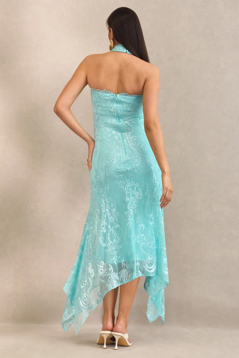 Sabriel | Vestido premamá largo de encaje turquesa con escote bandeau y detalle de cuellol - Imagen 3