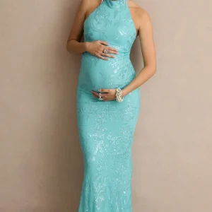Samina | Vestido Largo Premamá de Encaje Turquesa con Escote Halter