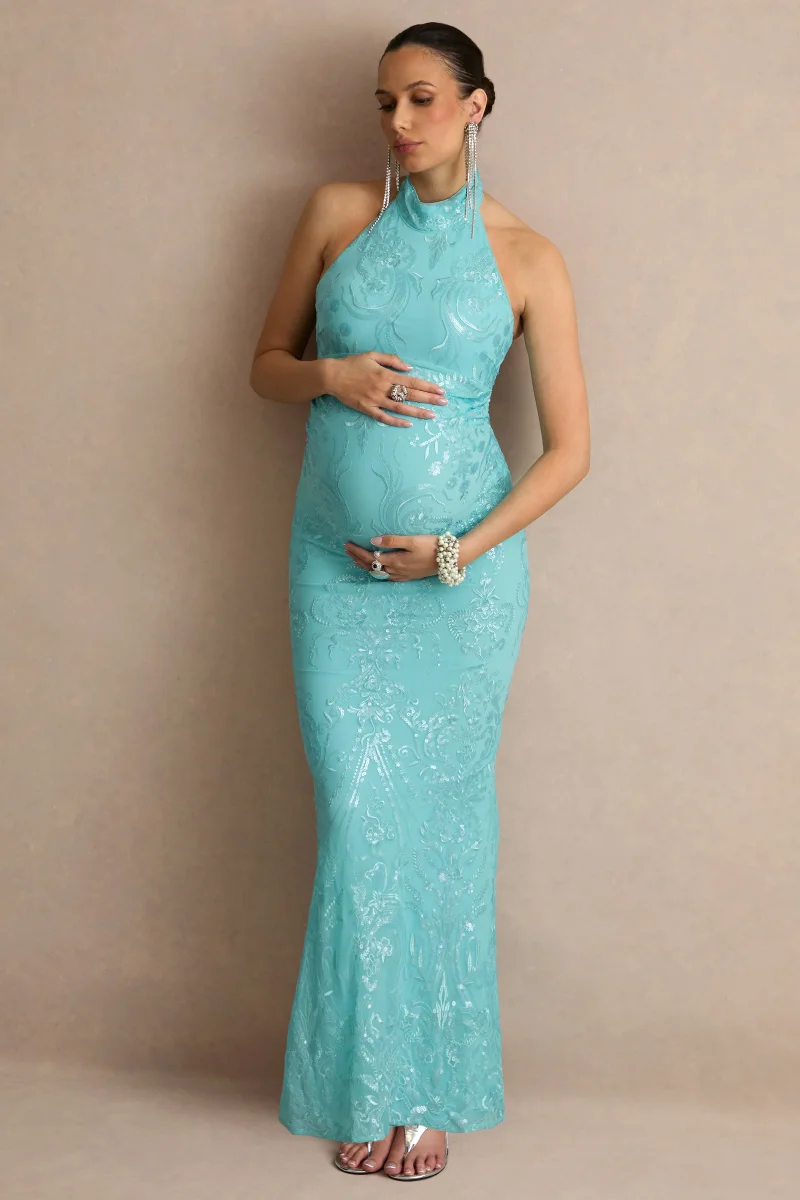 Samina | Vestido Largo Premamá de Encaje Turquesa con Escote Halter - Imagen 2