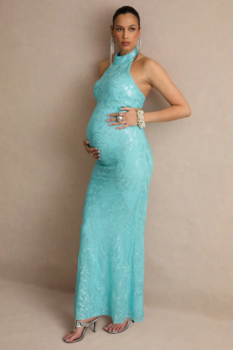 Samina | Vestido Largo Premamá de Encaje Turquesa con Escote Halter - Imagen 6