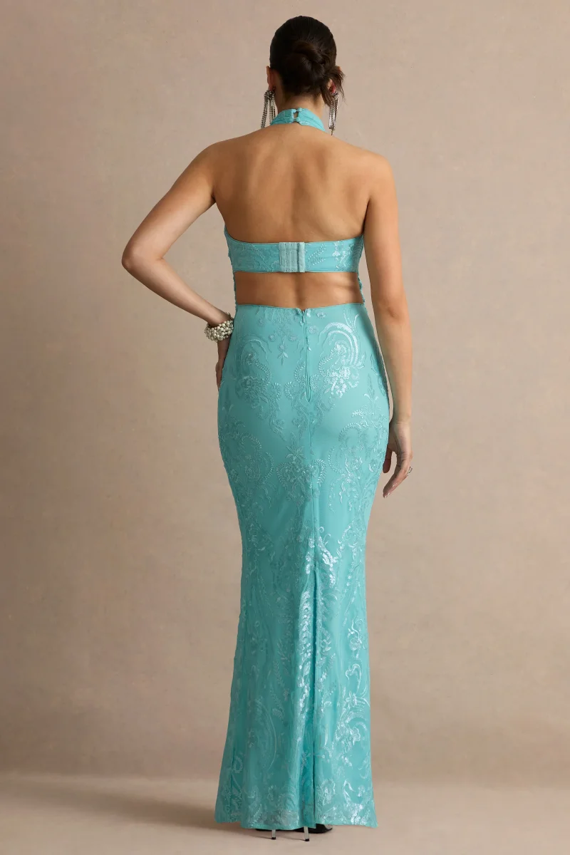 Samina | Vestido Largo Premamá de Encaje Turquesa con Escote Halter - Imagen 3