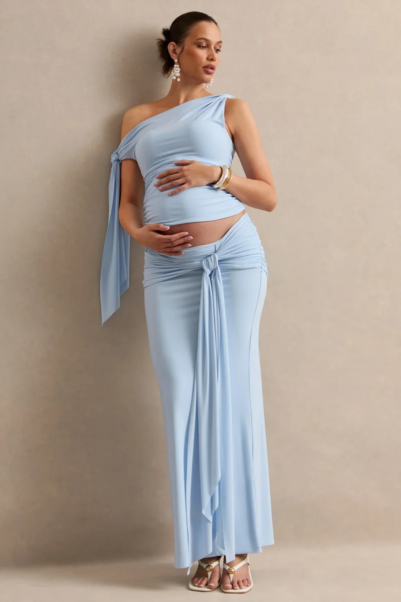 Cataleya | Top Premamá Azul Pastel Con Escote Asimétrico, Nudo Y Detalle De Faja - Imagen 5