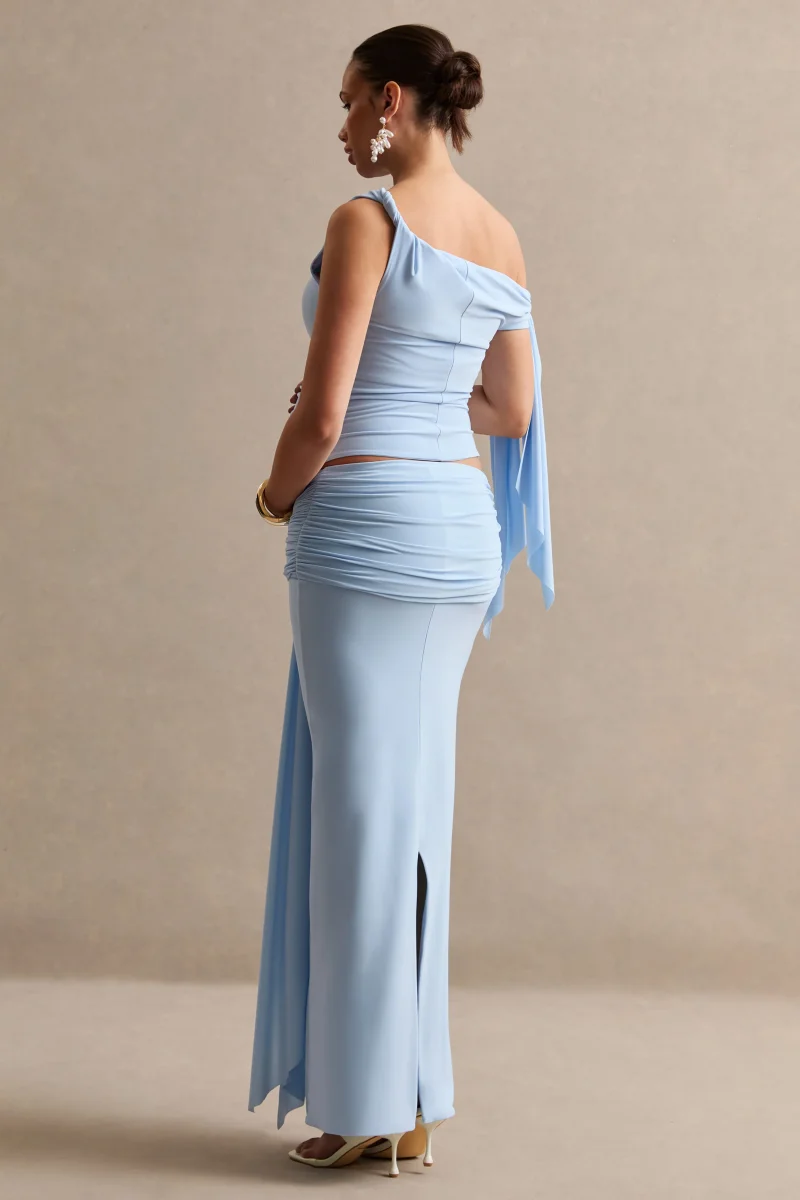 Cataleya | Top Premamá Azul Pastel Con Escote Asimétrico, Nudo Y Detalle De Faja - Imagen 3