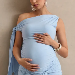 Cataleya | Top Premamá Azul Pastel Con Escote Asimétrico, Nudo Y Detalle De Faja