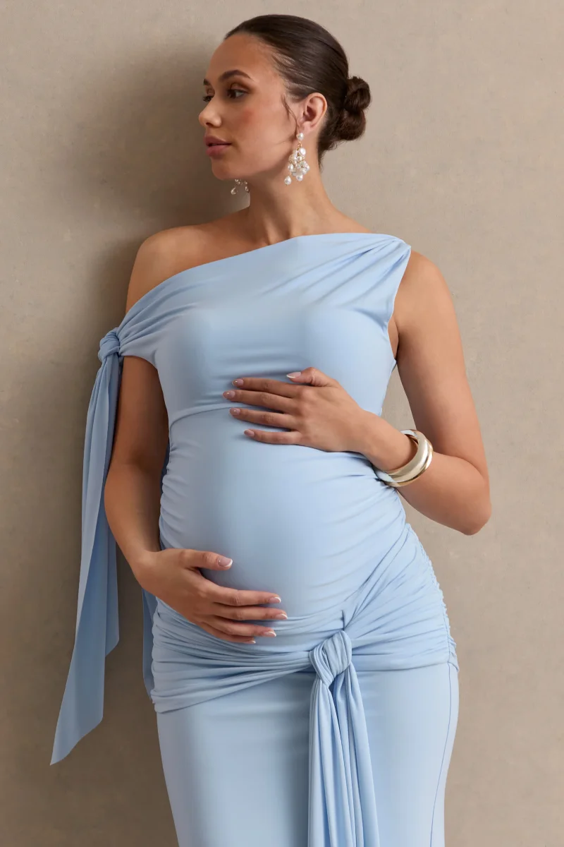 Cataleya | Top Premamá Azul Pastel Con Escote Asimétrico, Nudo Y Detalle De Faja - Imagen 4