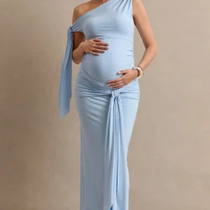 Cataleya | Falda Larga Premamá Azul Pastel Con Detalle Fruncido