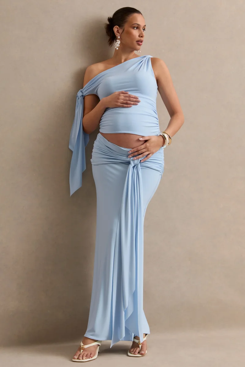 Cataleya | Falda Larga Premamá Azul Pastel Con Detalle Fruncido - Imagen 4