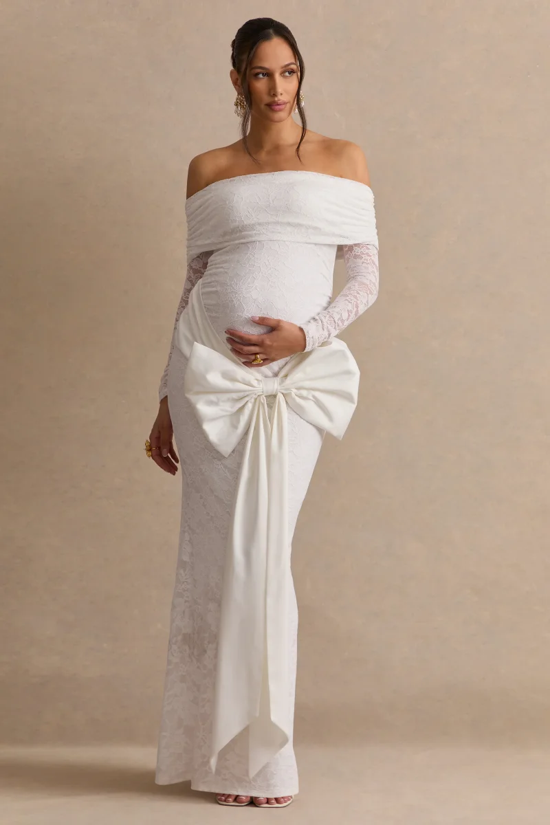 Solina | Vestido Maxi Premamá Blanco De Encaje Con Escote Bardot Y Detalle De Lazo