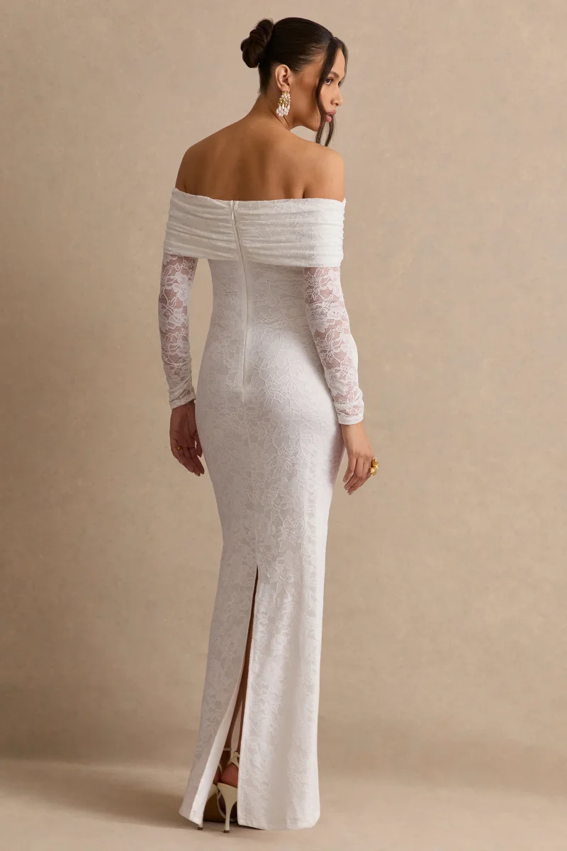 Solina | Vestido Maxi Premamá Blanco De Encaje Con Escote Bardot Y Detalle De Lazo - Imagen 3