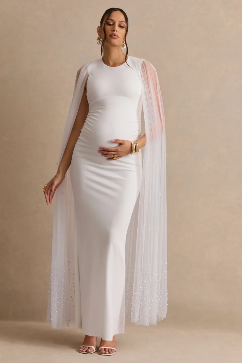 Tereza | Vestido maxi premamá blanco con escote redondo y mangas capa transparentes - Imagen 2