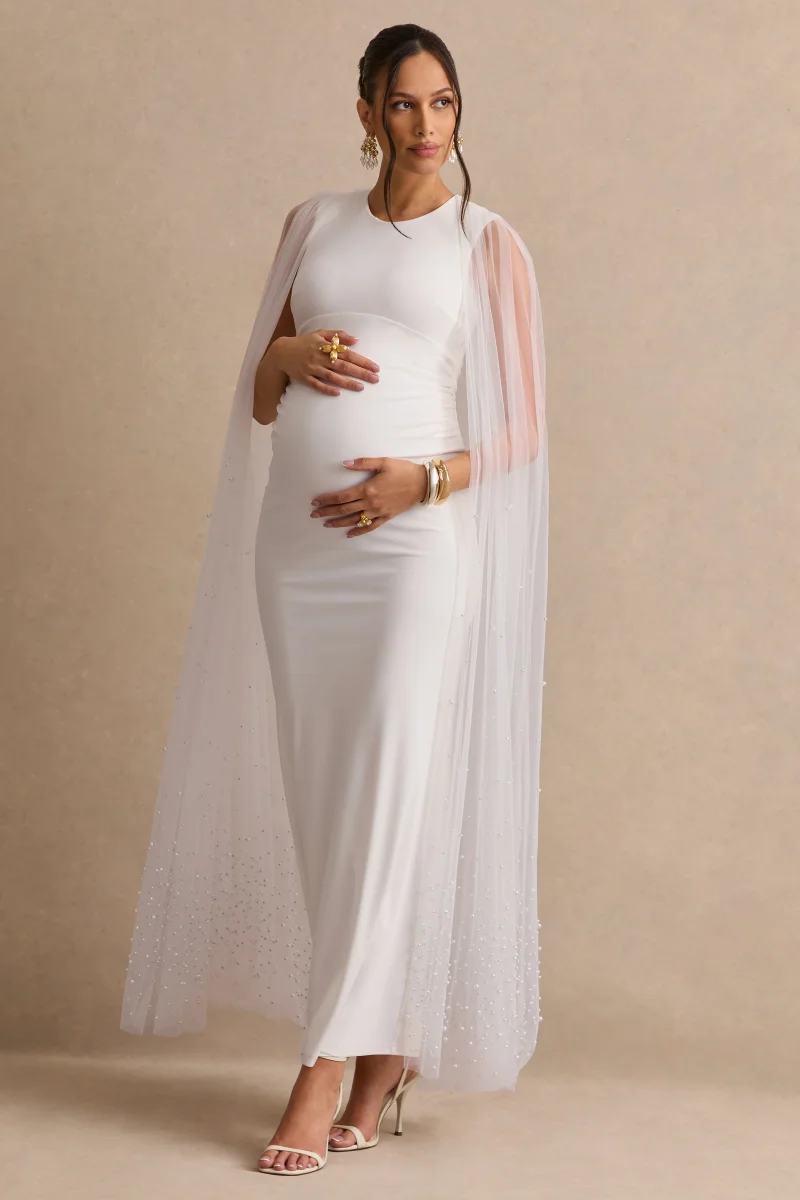 Tereza | Vestido maxi premamá blanco con escote redondo y mangas capa transparentes - Imagen 5