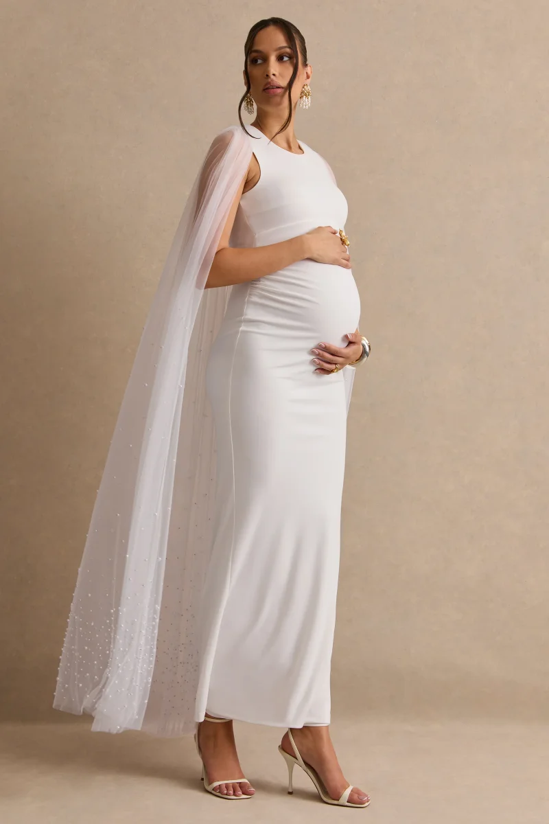 Tereza | Vestido maxi premamá blanco con escote redondo y mangas capa transparentes - Imagen 6