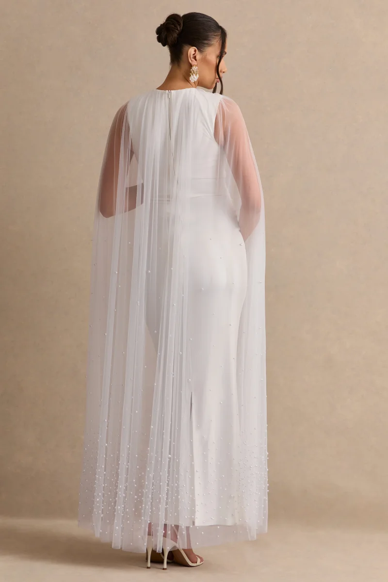 Tereza | Vestido maxi premamá blanco con escote redondo y mangas capa transparentes - Imagen 3