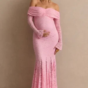 Valleria | Vestido Maxi Premamá Rosa Palo De Encaje Con Escote Bardot Y Mangas Campana