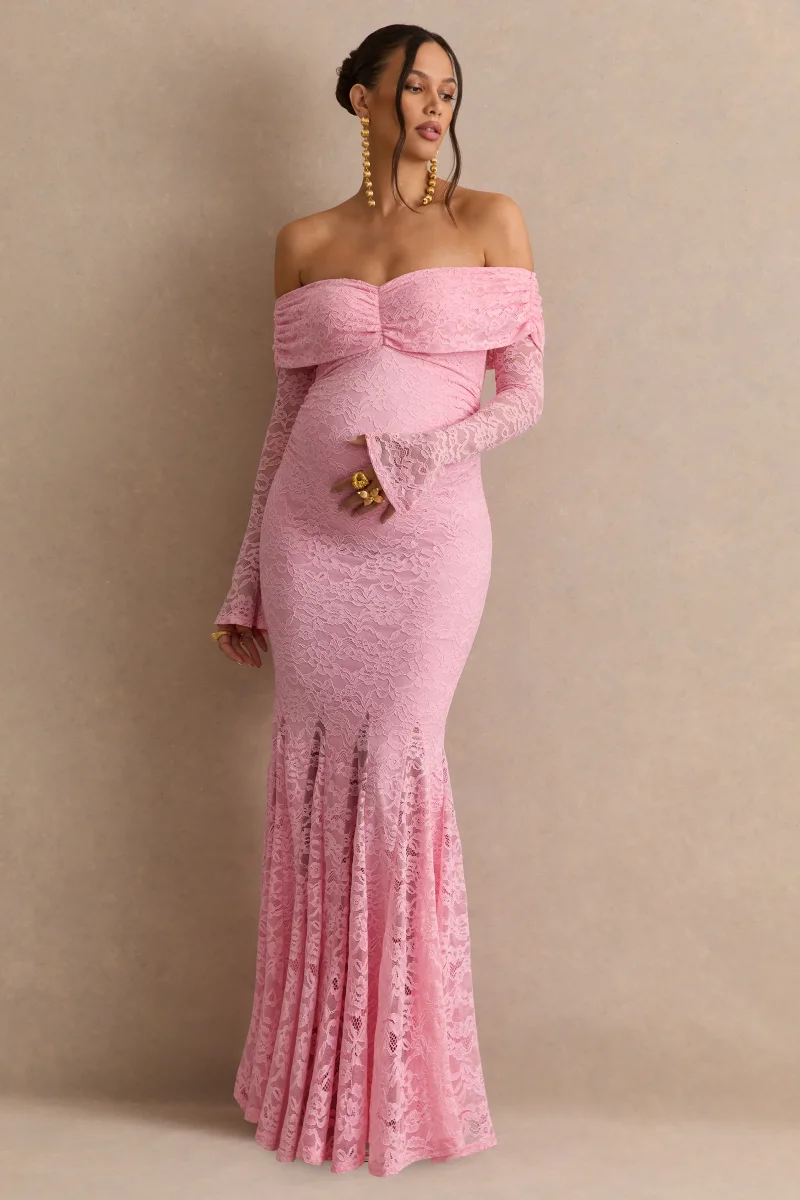 Valleria | Vestido Maxi Premamá Rosa Palo De Encaje Con Escote Bardot Y Mangas Campana - Imagen 7