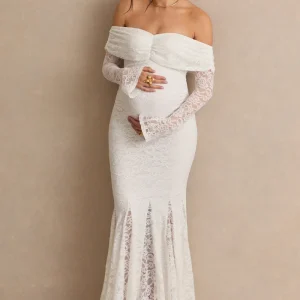 Valleria | Vestido Maxi Premamá Blanco De Encaje Con Escote Bardot Y Mangas Campana