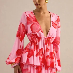 Asella | Top Rosa De Chifón Con Escote Pronunciado Y Lazada Delantera