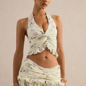 Clovia | Top Con Estampado Floral Amarillo Y Escote Halter