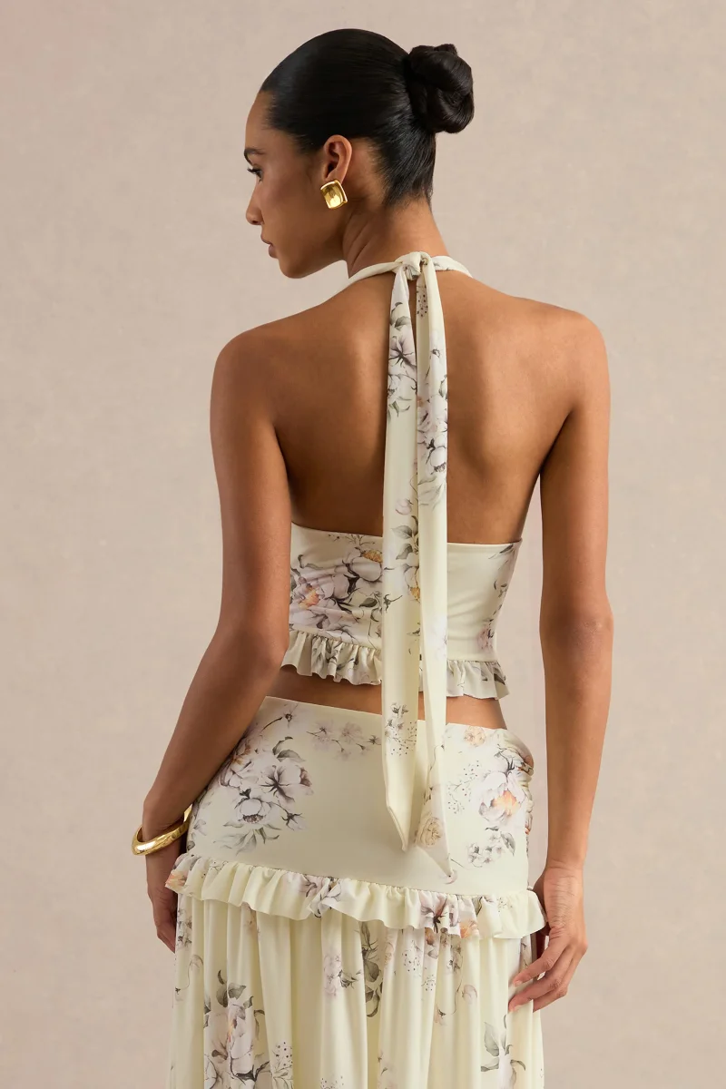 Clovia | Top Con Estampado Floral Amarillo Y Escote Halter - Imagen 4