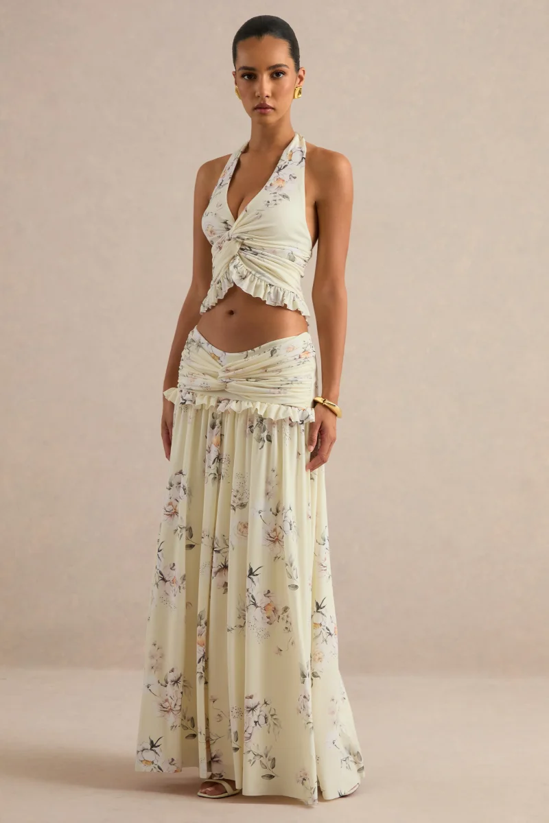 Clovia | Falda Larga Con Estampado Floral Amarillo - Imagen 8
