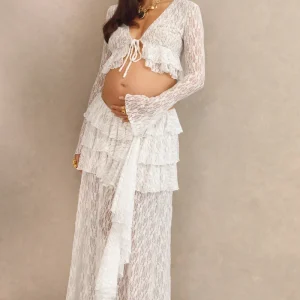 Astella | Falda Maxi Premamá Blanca De Encaje Con Cintura Asimétrica Y Detalle Con Volantes