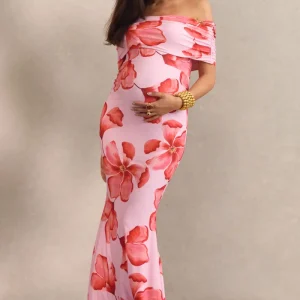 Dalisay | Vestido Largo Premamá Rosa Con Estampado Floral Y Escote Bardot