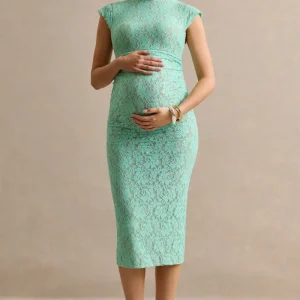 Vianne | Vestido Midi Premamá Verde Menta De Encaje Con Cuello Redondo