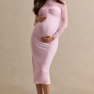 Darina | Vestido Premamá Midi Rosa Palo De Cuello Redondo Con Corpiño De Encaje