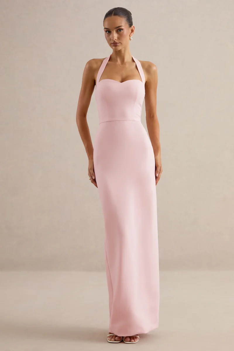 Heloira | Vestido largo rosa claro con escote halter corazón - Imagen 4