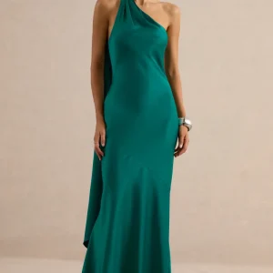 Jorina | Vestido Largo de Satén Verde con Escote Asimétrico y Detalle de Pañuelo