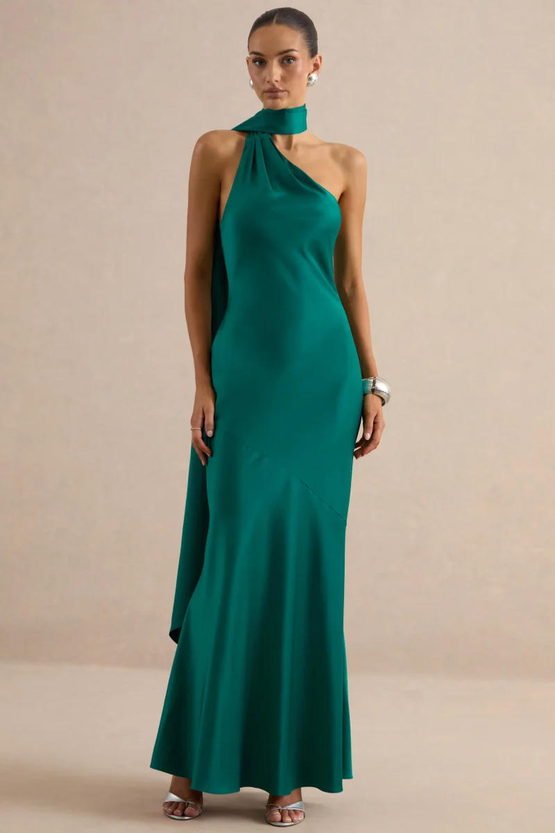 Jorina | Vestido Largo de Satén Verde con Escote Asimétrico y Detalle de Pañuelo - Imagen 2
