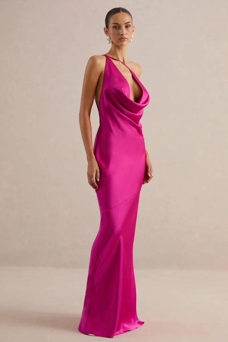 Kamalyn | Vestido Largo Fucsia De Satén Con Escote Asimétrico - Imagen 4