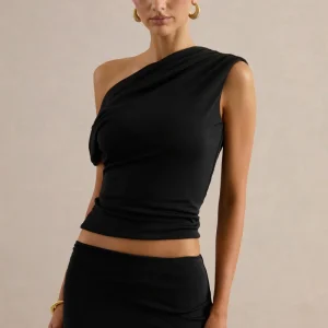 Koralia | Top Negro Cuello Asimétrico Con Detalle De Fajín
