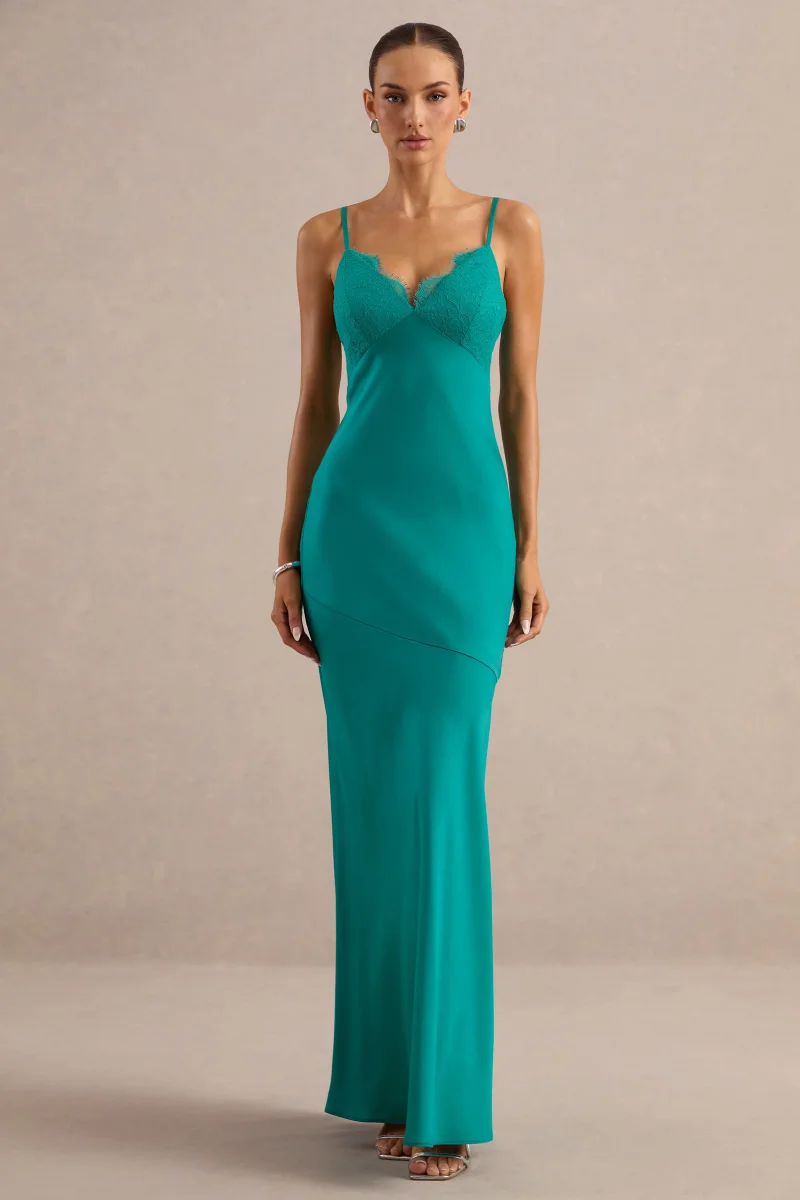 Kyralie | Vestido Largo Verde De Satén Con Escote En V - Imagen 6
