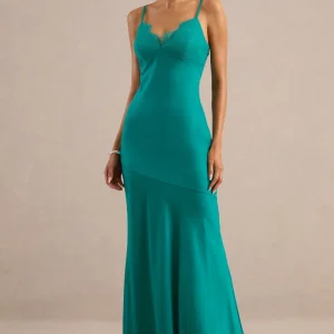 Kyralie | Vestido Largo Verde De Satén Con Escote En V